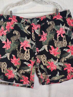 George Black Pink Hawaiian Floral Tiger Print Cotton Span Elastic Tie Waist 2XL